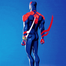 a statue of a man in a blue suit holding a red sword against a blue sky