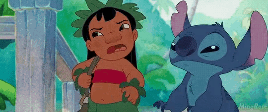 a cartoon character named lilo and stitch are standing next to each other and looking at each other .