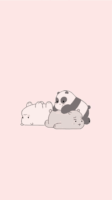 we bare bears ice bear , panda bear , and polar bear are laying on top of each other on a pink background .