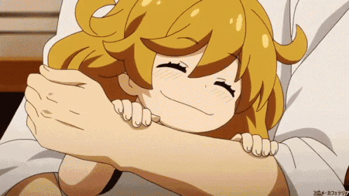 a cartoon girl is hugging a man 's arm and smiling with a caption that says ' ao ' on it