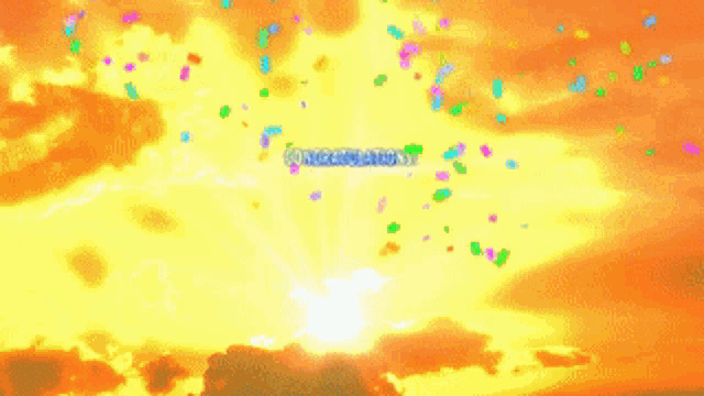 a congratulations message is displayed in front of a sunset sky