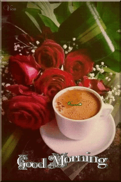 a cup of coffee sits on a saucer next to a bouquet of red roses and the words good morning