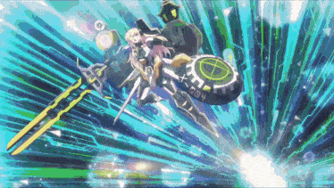 a drawing of a girl with a sword and a gear that says 004 on it