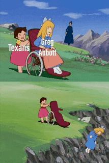 a cartoon of a girl in a wheelchair with the words greg abbott written on it