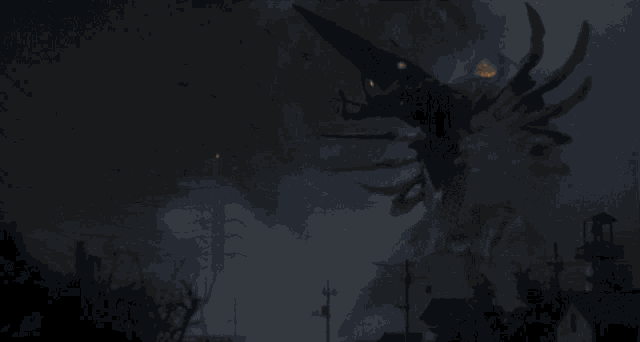 a large monster is flying over a city at night with a light coming out of its mouth