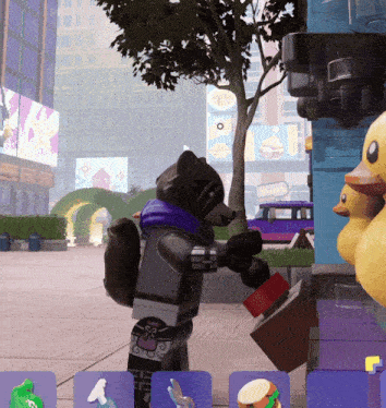 a lego raccoon is standing next to a tree in front of a sign that says ' ice cream '