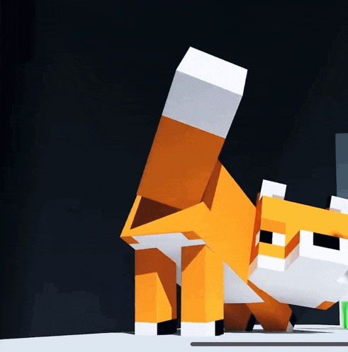a cartoon fox is standing on a white surface with a black background