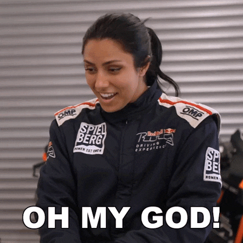 a woman wearing a jacket that says " oh my god " on it