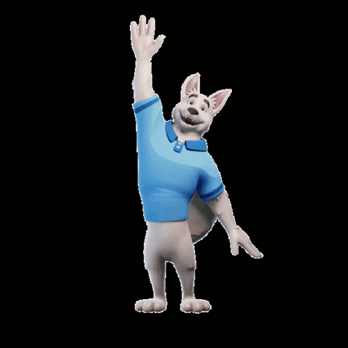 a cartoon dog in a blue shirt is waving