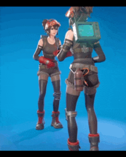 a video game character has a tv on her back