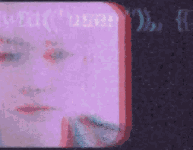 a close up of a person 's face with a purple background and a purple border .