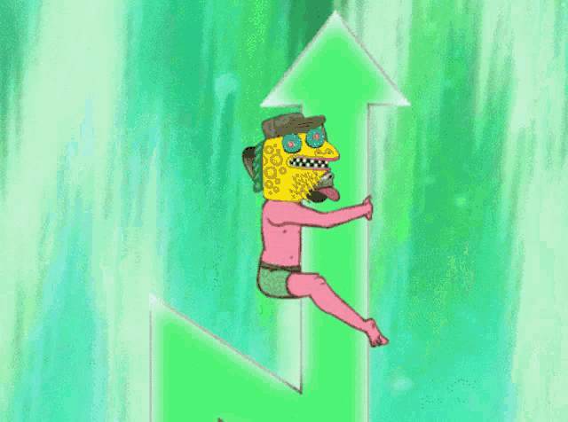 a cartoon character is sitting on an arrow pointing up