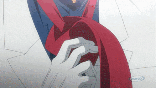 a close up of a person 's hand holding a red scarf in front of a sign that says animex