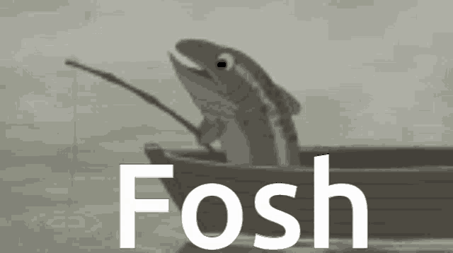 a fish is fishing in a boat and the word fosh is on the bottom of the picture .
