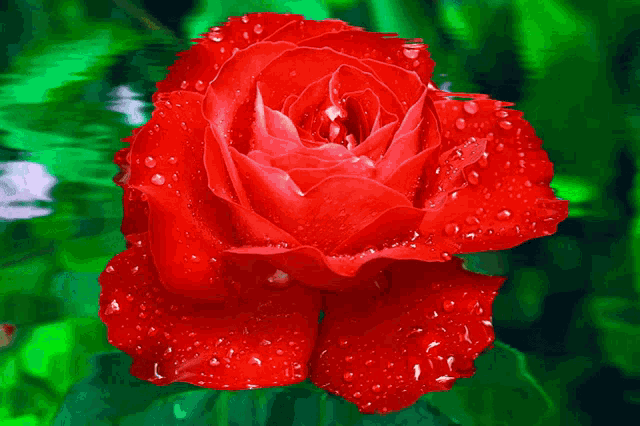 a red rose with water drops on its petals