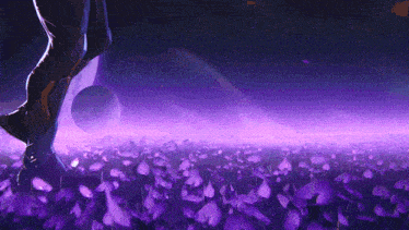 a person standing in a field of purple flowers in front of a planet
