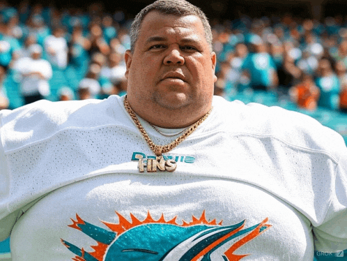 a man wearing a miami dolphins jersey and a gold chain