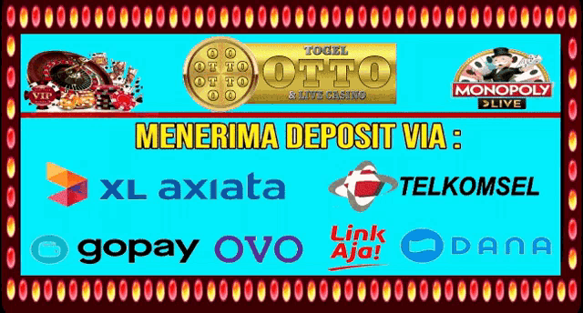 an ad for lotto and monopoly shows logos for xl axiata telkomsel gopay ovo link aja and dana