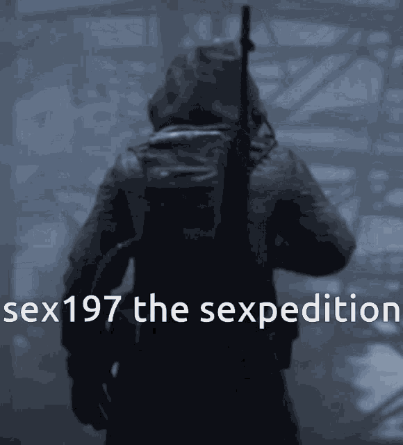 a man in a gas mask holding a gun with the words sex197 the expedition above him