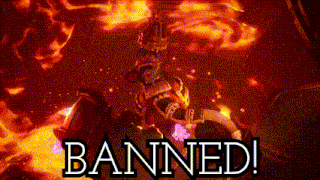 a video game character is surrounded by flames and the words banned are visible