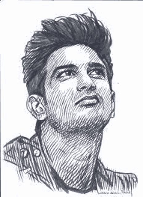 a black and white drawing of a man 's face looking up .