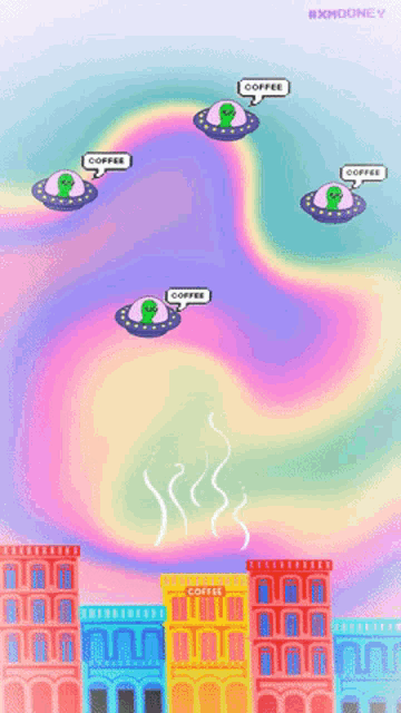 a cartoon drawing of aliens flying over a city with the word coffee in a bubble
