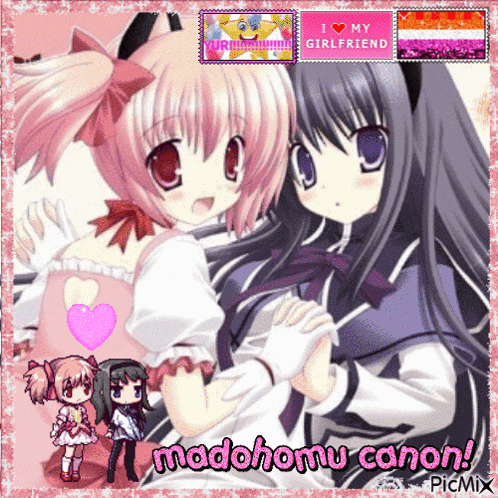 two anime girls are standing next to each other and the caption reads " madohonu canon "