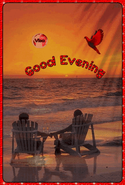 a picture of a couple sitting on the beach with the words good evening