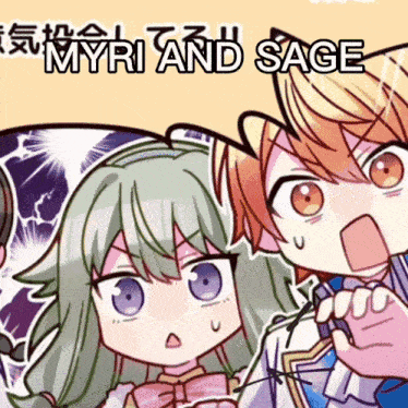 a cartoon drawing of a boy and a girl with the words myri and sage below them