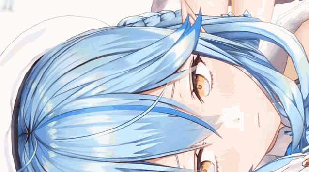 a close up of a anime character with blue hair