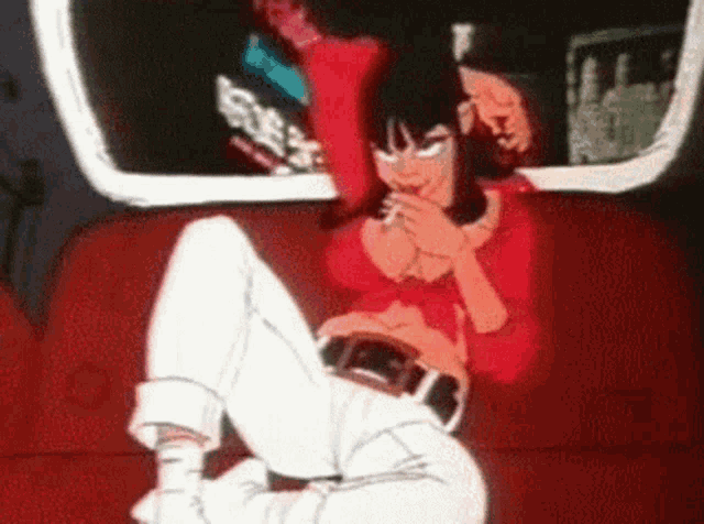 a cartoon of a woman laying on a red couch