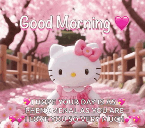 a hello kitty says good morning with a pink heart in the background