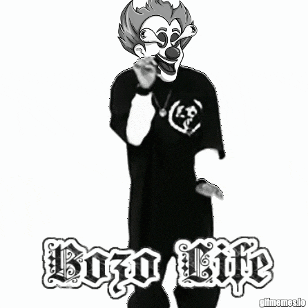 a black and white drawing of a clown with the words bozo life written below him