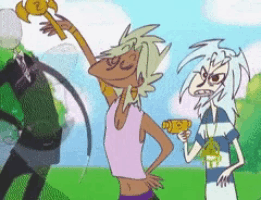 two cartoon characters are standing in a field one is holding a gun and the other is holding a key