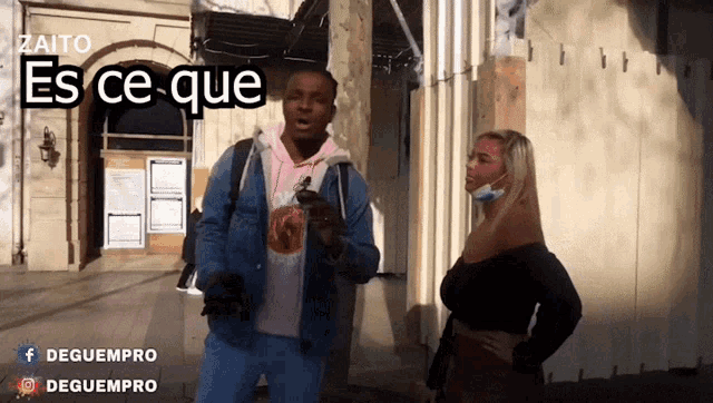 a man and a woman standing in front of a building with the words zaito es ce que on the top