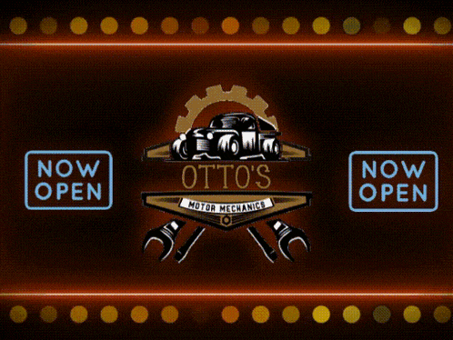 a sign for otto 's motor mechanics shows a car and wrenches