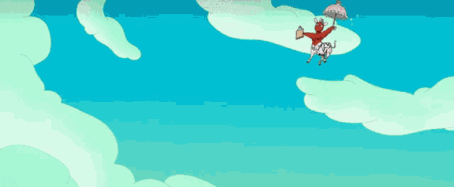 a cartoon character with an umbrella is flying through the air