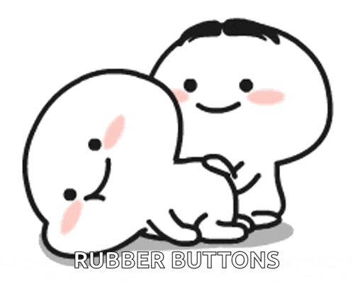 a couple of cartoon characters sitting next to each other with the words `` rubber buttons '' below them .