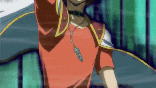 a person wearing a red shirt and a necklace with a feather on it