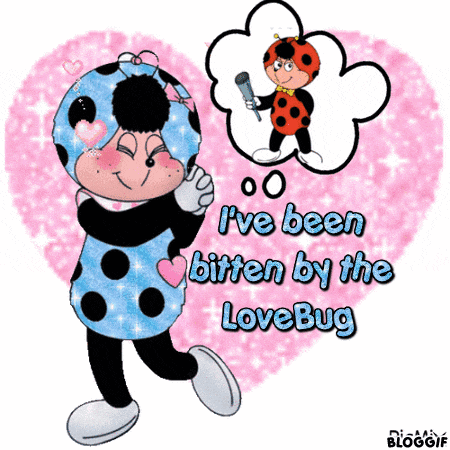 a ladybug is holding a microphone and thinking about being bitten by the lovebug