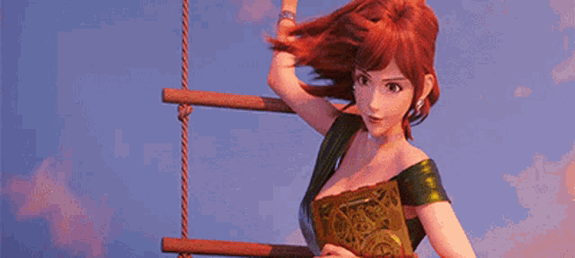 a cartoon character is standing on a ladder holding a book .