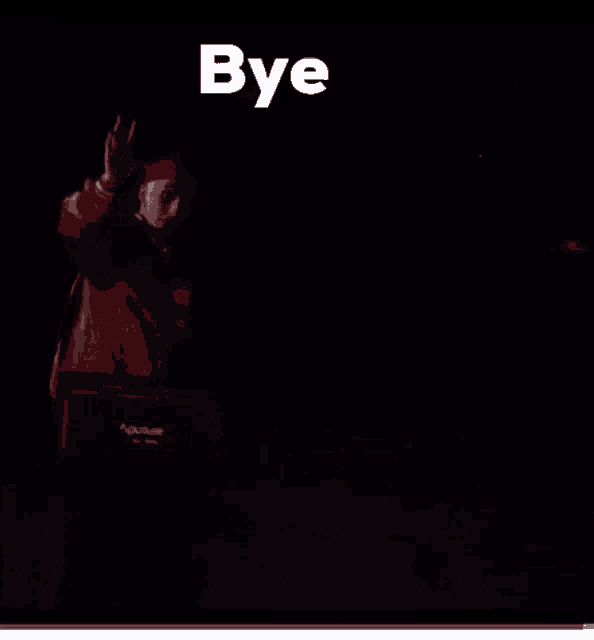 a man in a red jacket is standing in the dark with the word bye written above him .