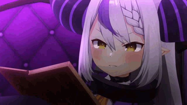 a girl with horns is reading a book with a purple background