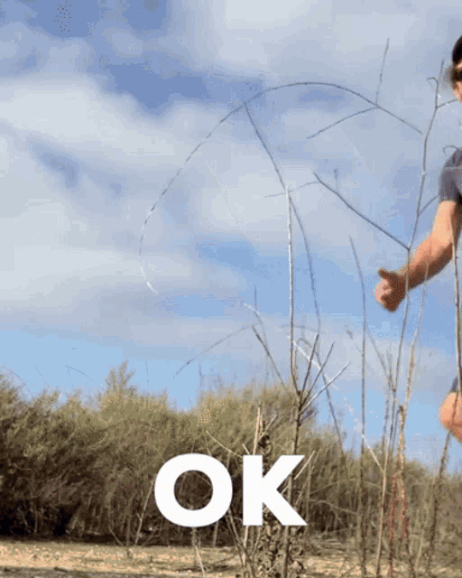 a person standing in a field with the word ok on the bottom right