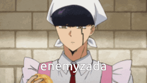 a man in a maid outfit is holding a bread and the word enemyzada is visible