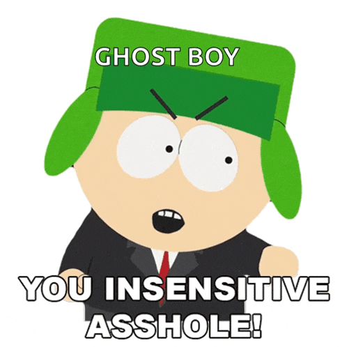 a cartoon character with a green hat says " ghost boy you insensitive asshole "