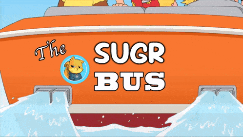 a cartoon drawing of a boat called the sugr bus