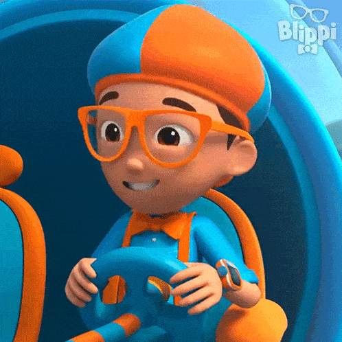 a cartoon character from blippi is driving a blue car