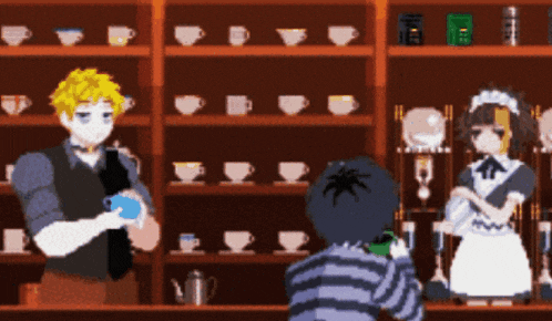 a man and a maid standing in front of a shelf full of cups and saucers