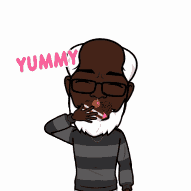 a cartoon of a man with a beard says yummy